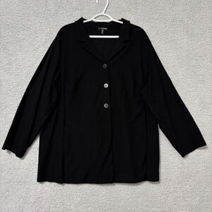Eileen Fisher Stretch Button Front Jacket 3X Black Pockets Minimalist Layering